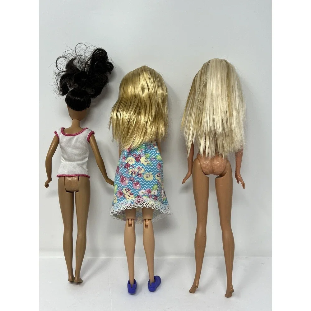 Barbie Doll Lot Of 3 Nude Blonde Hair, Pink Blue Dress, Brunette in white Shirt